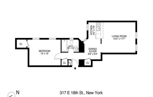 1 bed, 1 bath, $4,300, Unit 4C