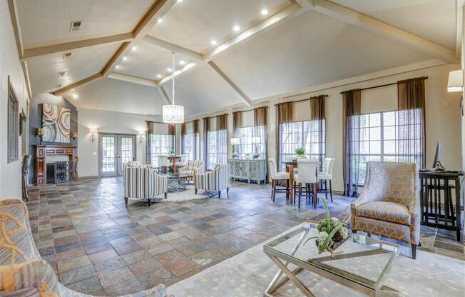 Clubhouse vaulted ceiling at Trinity Square Apartments in North Dallas, TX, For Rent. Now leasing 1 and 2 bedroom apartments.