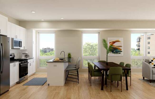 a rendering of a kitchen and dining room with a large window at The Gateway at West Lake Quarter in Minneapolis, MN