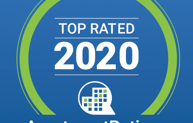 a blue and green logo with the words top rated 2020 apartment ratings