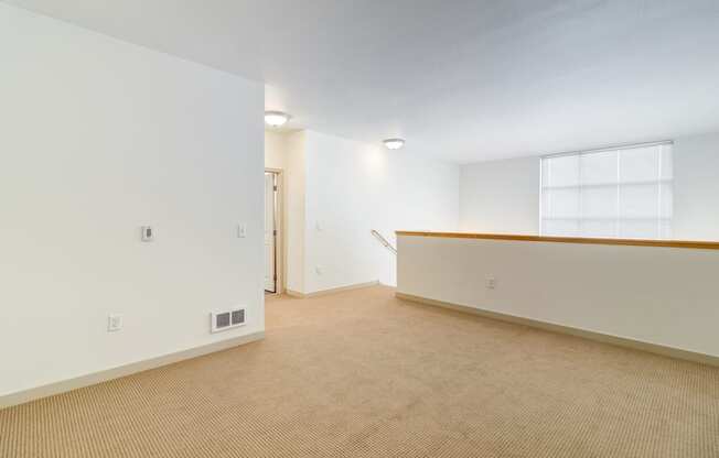 the living room and dining room of an apartment with carpeting and a window