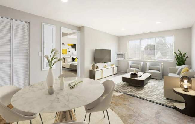 a white living room with a white table and chairs