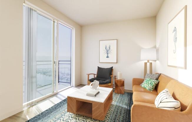 a living room with a couch coffee table and sliding glass doors to a balcony at Marina Square, Bremerton, WA, 98337