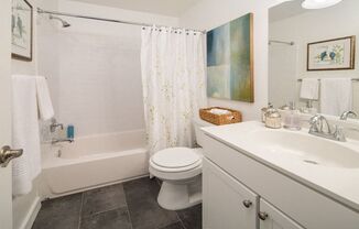 Bathroom with a single sink vanity, grey tile flooring, and a tub shower with subway tile