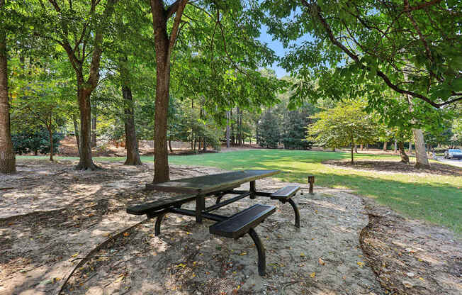 A picnic table is surrounded by trees in a park.