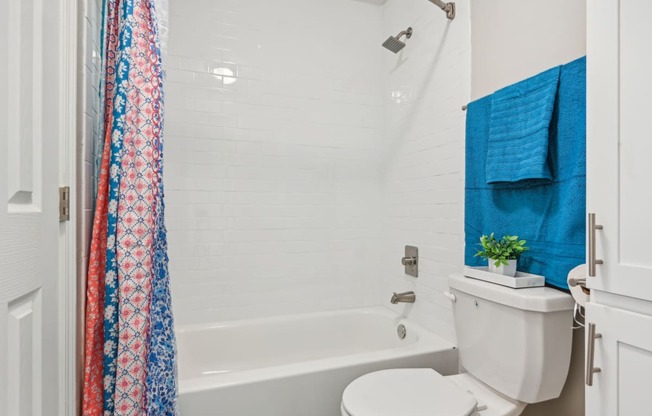 a bathroom with a shower curtain and a toilet