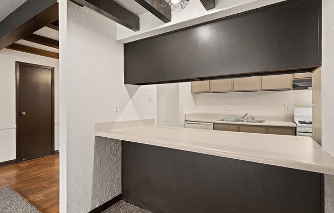a kitchen with a counter top and a door