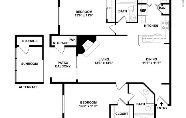 2 beds, 2 baths, 970 sqft, $1,330