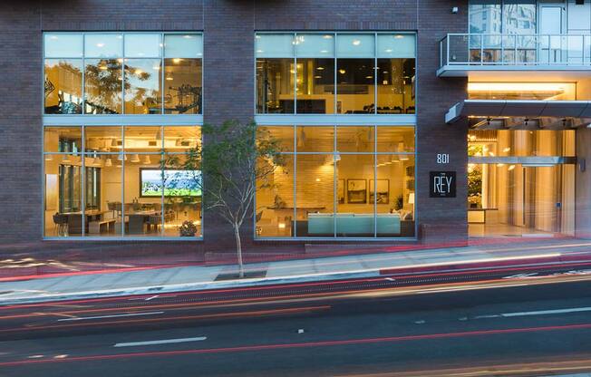 Ground floor exterior entrance of building, The Rey Apartments in California