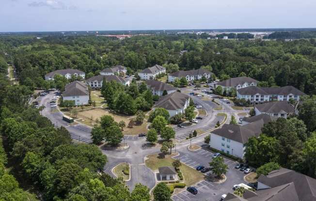 arial view of a neighborhood with houses and trees