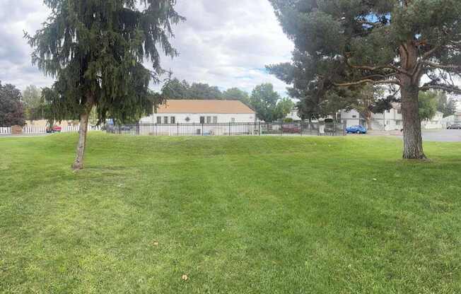 A grassy field with two trees and a building in the background.