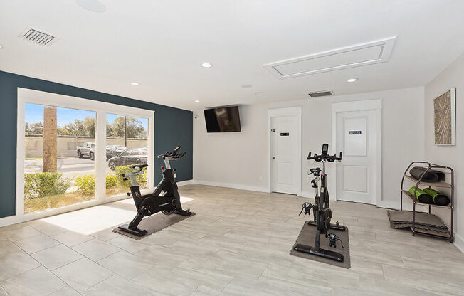 Community Fitness Center with Equipment at Seven Lakes at Carrollwood Apartments in Tampa, FL.