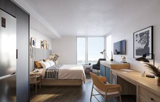 a bedroom with a bed and a desk at Marina Square, Bremerton, WA, 98337