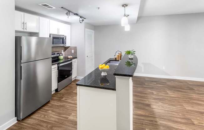 A kitchen with a refrigerator, microwave, oven, and sink. at West Inman Lofts, Atlanta, Georgia