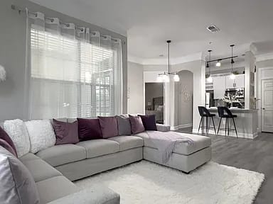 A white living room with a grey couch and purple pillows.