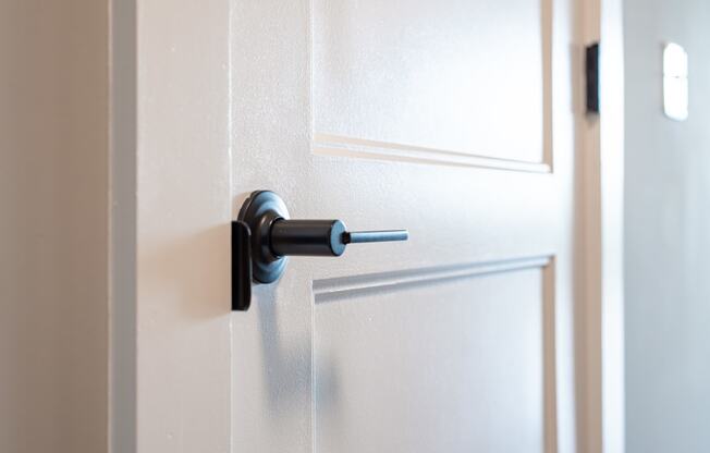 an open door with a black door handle on a white door