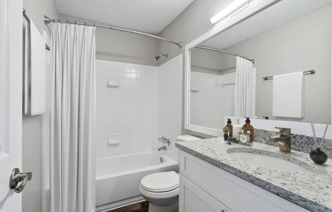 Model apartment bathroom with a sink toilet and a shower