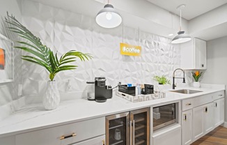 a white kitchen with white cabinets and a green plant in a white vase