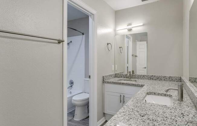 A bathroom with granite countertops and a white toilet.