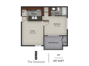 1 bed, 1 bath, 497 sqft, $823