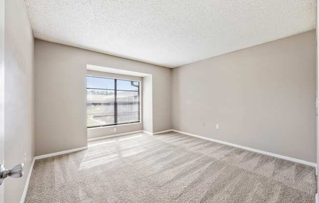 an empty living room with a window and carpeted flooring