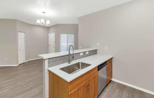 a kitchen with a stainless steel sink and a counter top