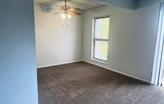 A room with a ceiling fan and carpeted floor.