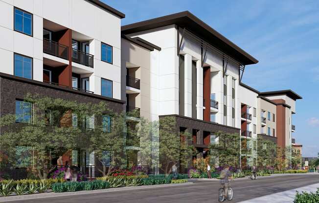 a rendering of an apartment building with a person riding a bike