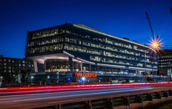 a view of Boston Landing lit up at night