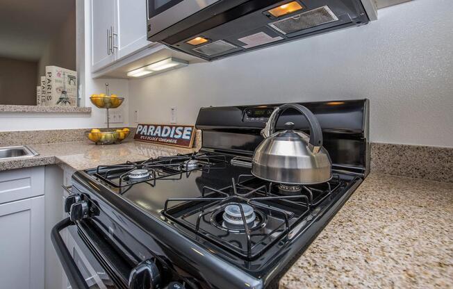 a stove top oven sitting inside of a kitchen