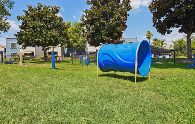 a blue blow up tunnel in the grass at a park