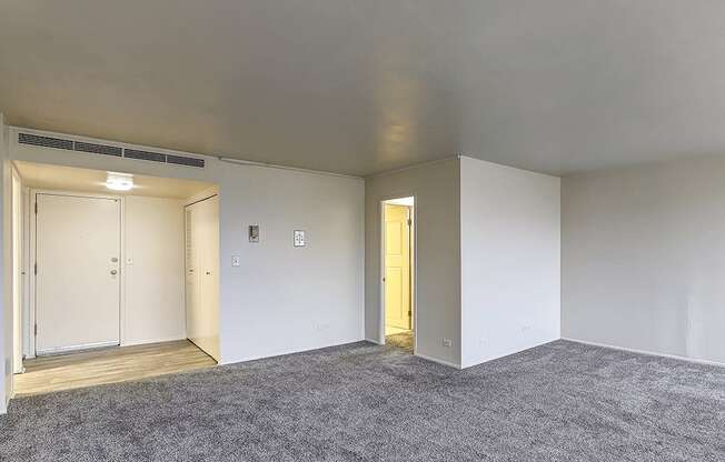 A room with a carpeted floor and two doors, one of which is open.
