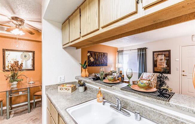 Dine in pass through kitchen at Country Club at Valley View Senior Apartments in Las Vegas, NV, For Rent. Now leasing 1 and 2 bedroom apartments.