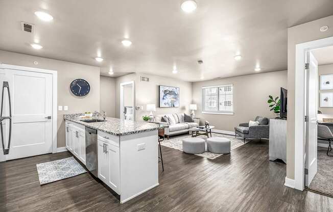 A modern kitchen with white cabinets and a large island.