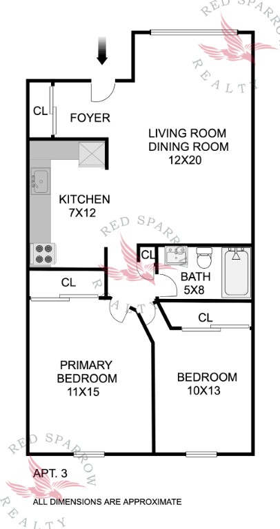 2 beds, 1 bath, $3,000, Unit 3