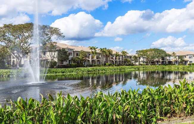A fountain in the middle of a pond surrounded by green plants.