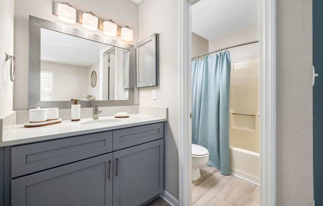 a bathroom with a shower and a sink and a mirror at View at Lake Lynn, North Carolina