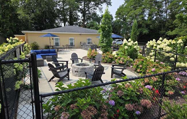 A backyard with a fire pit and seating area.