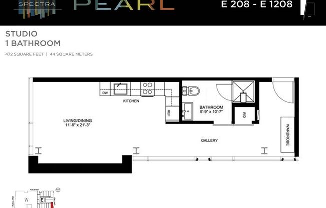 Studio, 1 bath, 472 sqft, $1,503, Unit E508