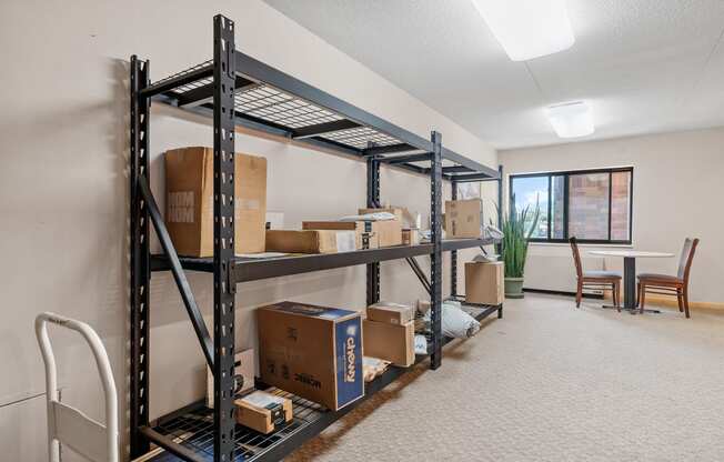 our warehouse is full of boxes and a lot of furniture