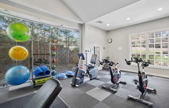 A gym with exercise equipment and a window overlooking a backyard.