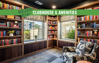 A cozy room with a bookshelf and a chair is labeled as a clubhouse and amenities.