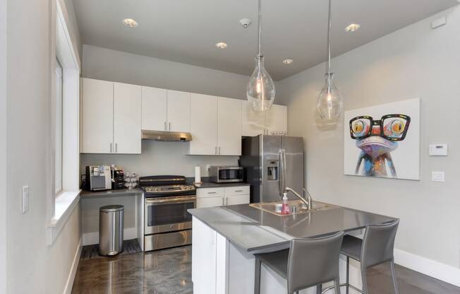 Coffee Bar Area with Oven, Stove, Sink Countertop and Gray Chairs, Refrigerator, White Cabinets, Painting of Frog with Glasses