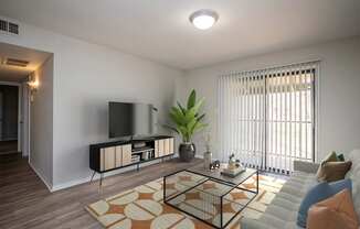 A living room with a television, a plant, and a couch.