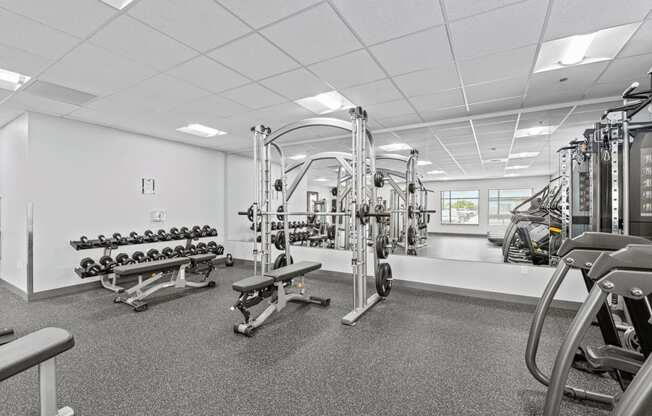 gym with cardio equipment and weights at the flats at 3600 apartments