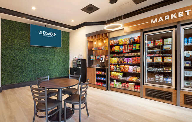 A market with a green wall and a sign that says Alexander.