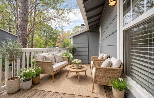 A patio with a couch, chairs, and potted plants.