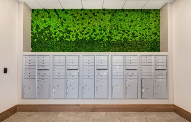 a locker room with white lockers and a green wall with plants