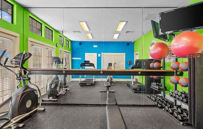 a gym with weights and cardio equipment in a room with green and blue walls