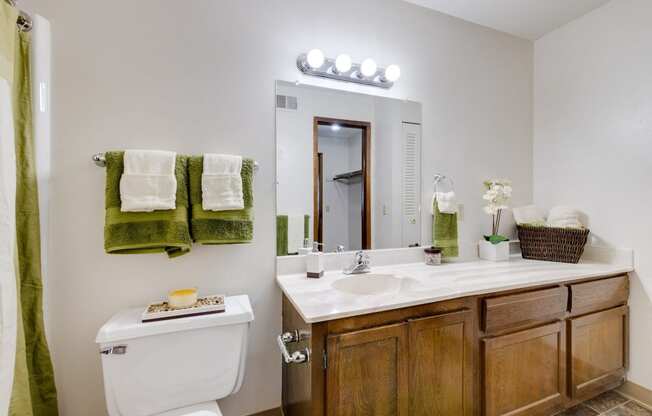 Bathroom in the one-bedroom model unit at Olde English Village, featuring a bathroom sink and water closet.